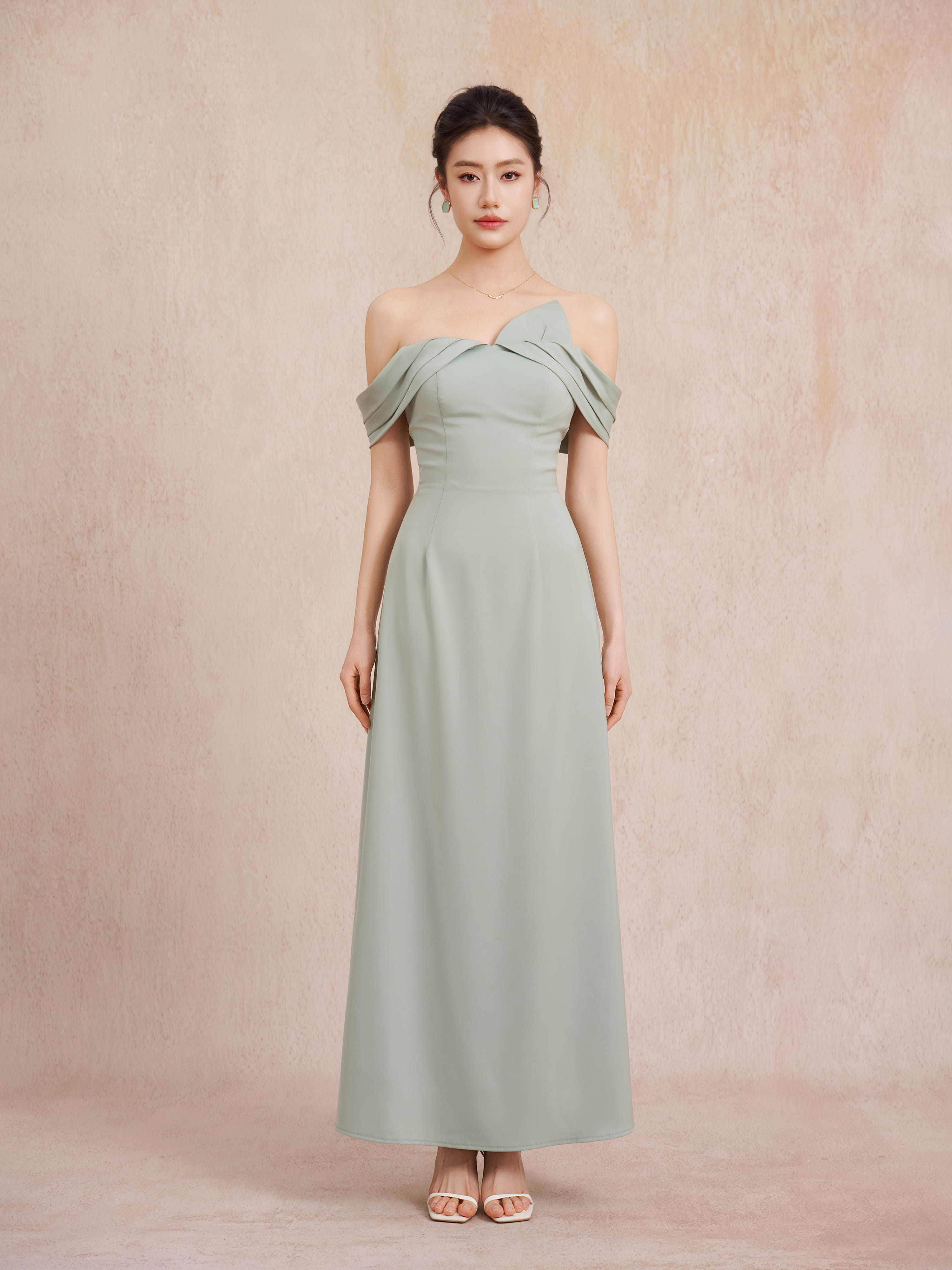 sage green occasion dress Elegant Off‑Shoulder Evening Gown with Draped Neckline and – zhijiwedding Season-Dec-25