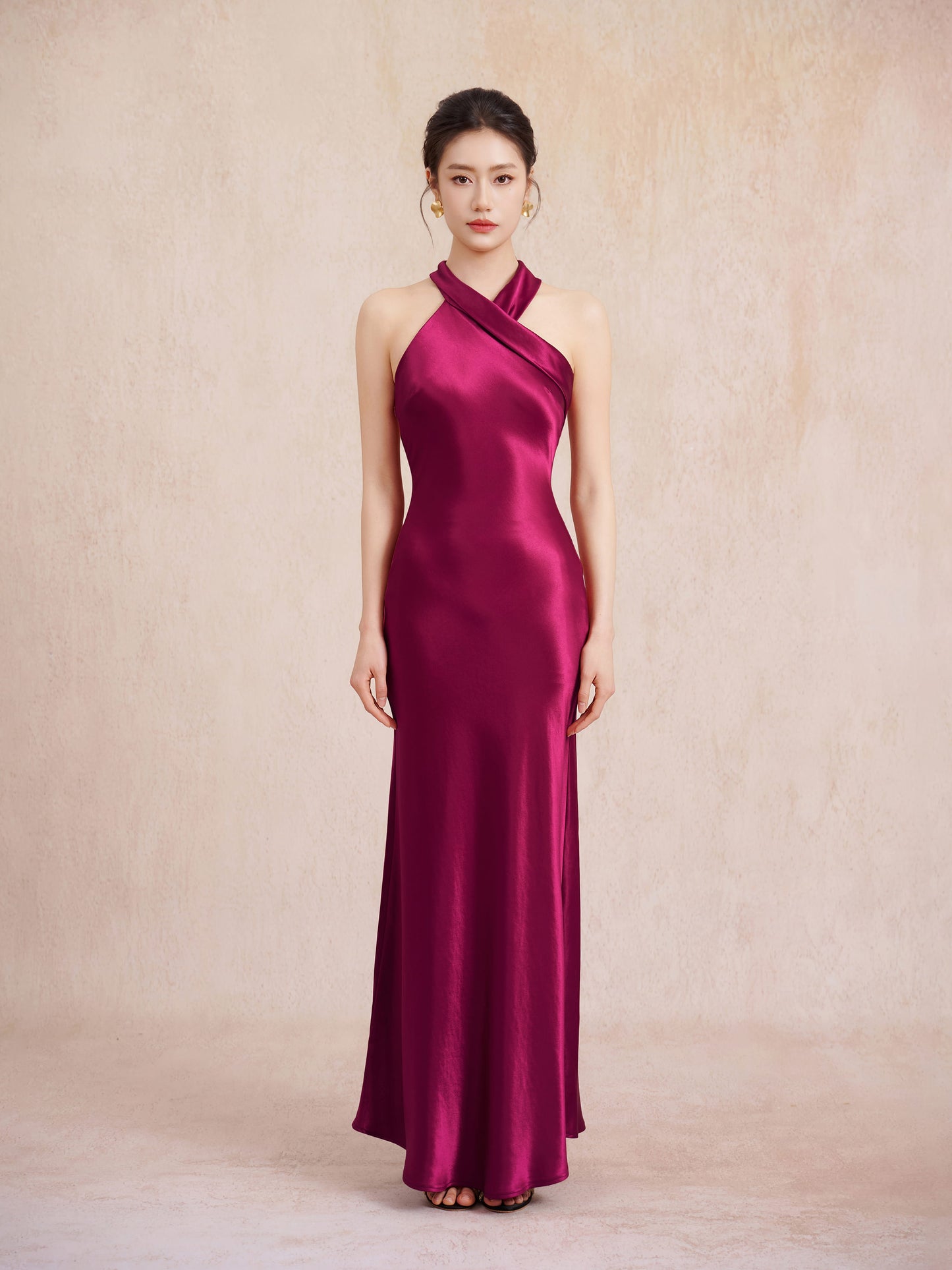 Magenta Satin Halter Gown