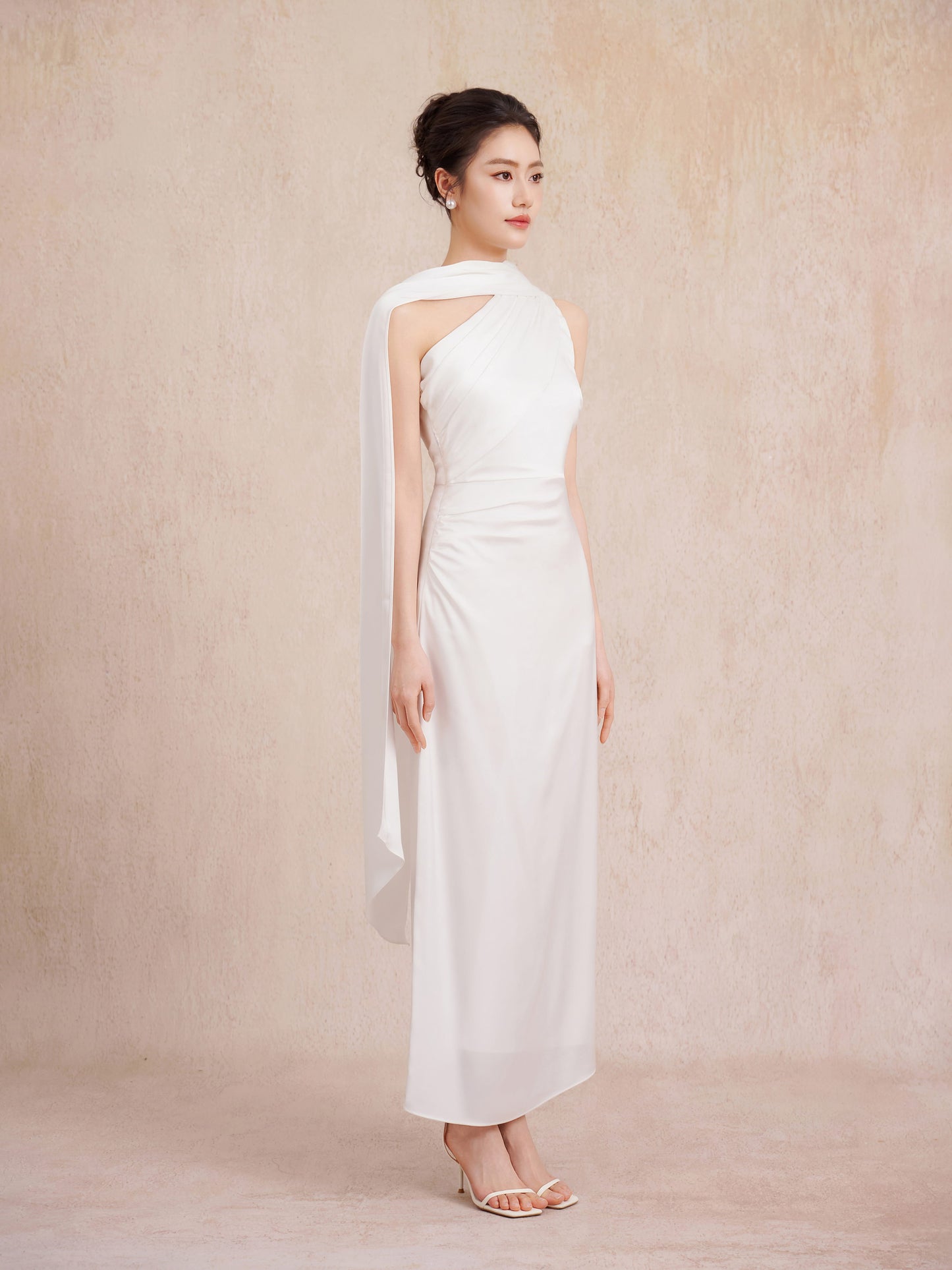 asymmetrical white evening dress