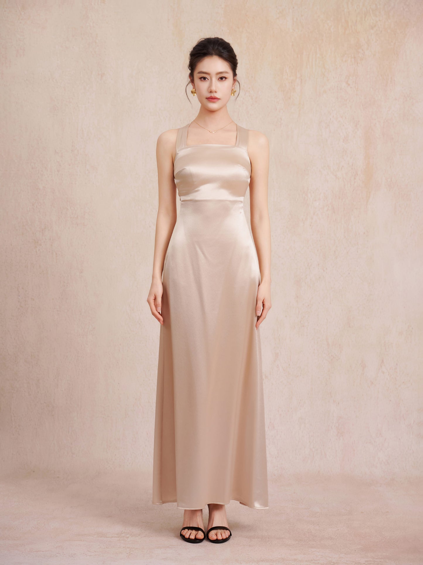 champagne satin evening gown