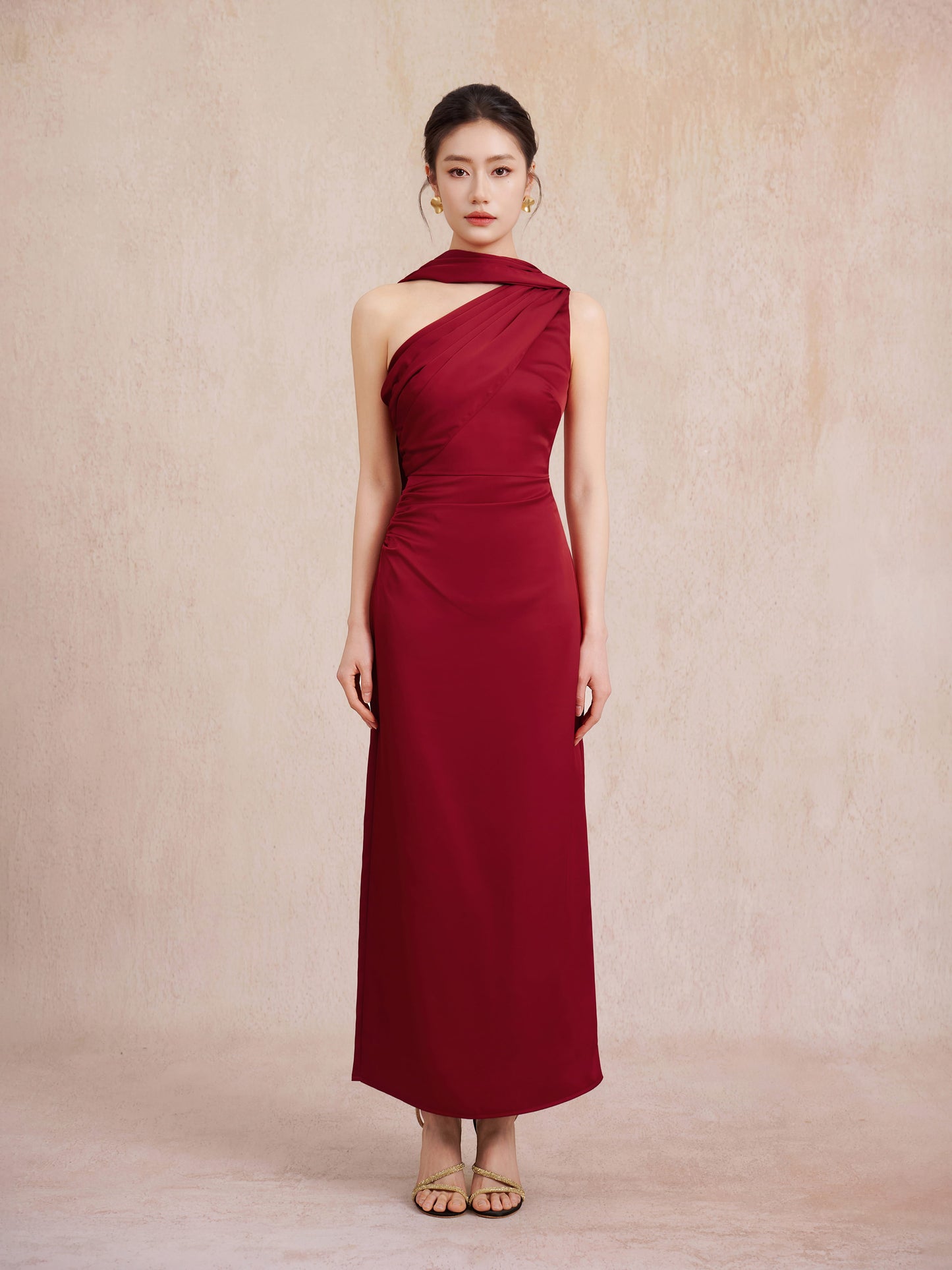 deep red one shoulder dress