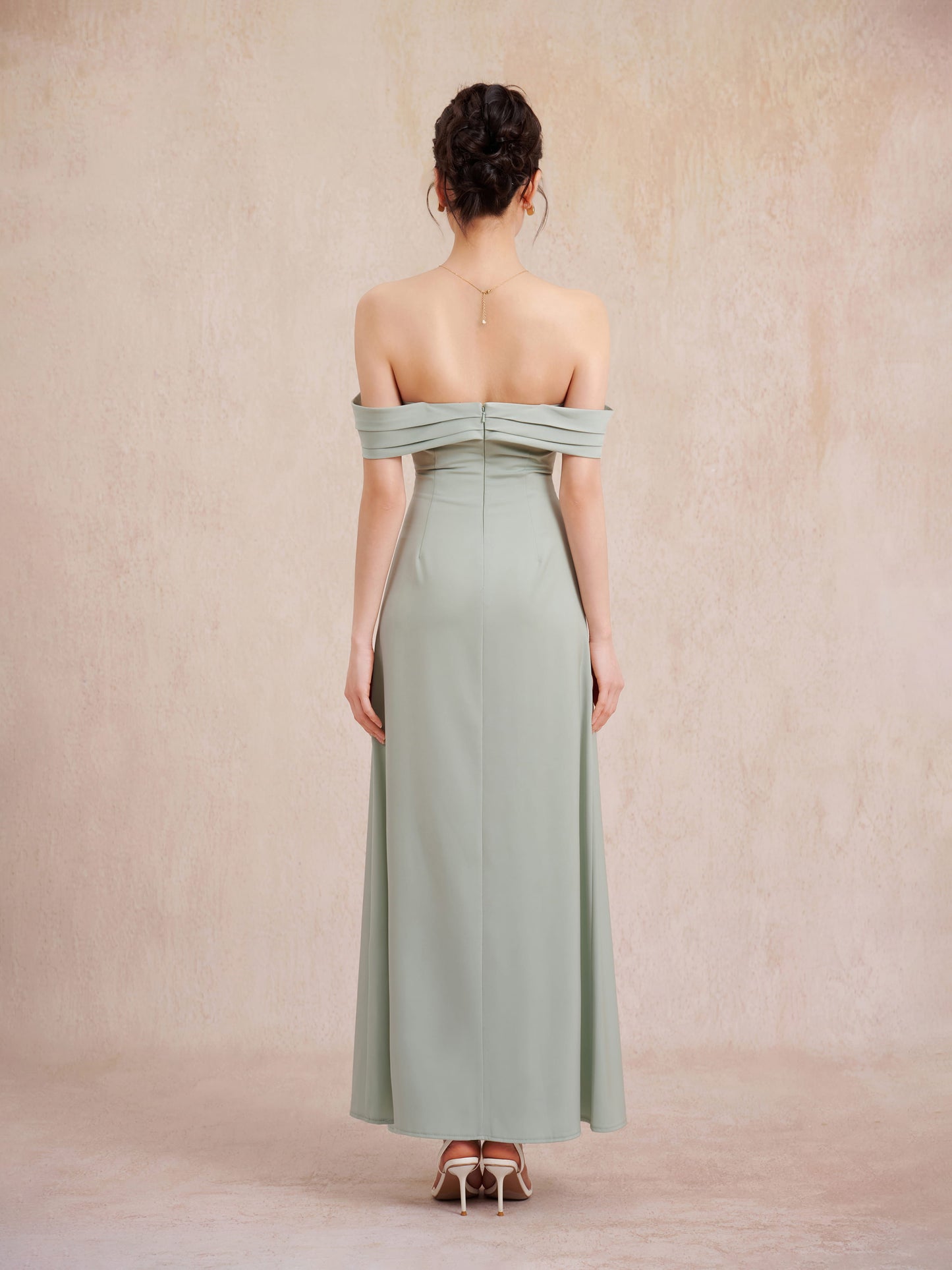off the shoulder sage green dress Off-Shoulder Chiffon A-Line Formal The beading details and charming bow Elegant Sage Green OffShoulder Evening