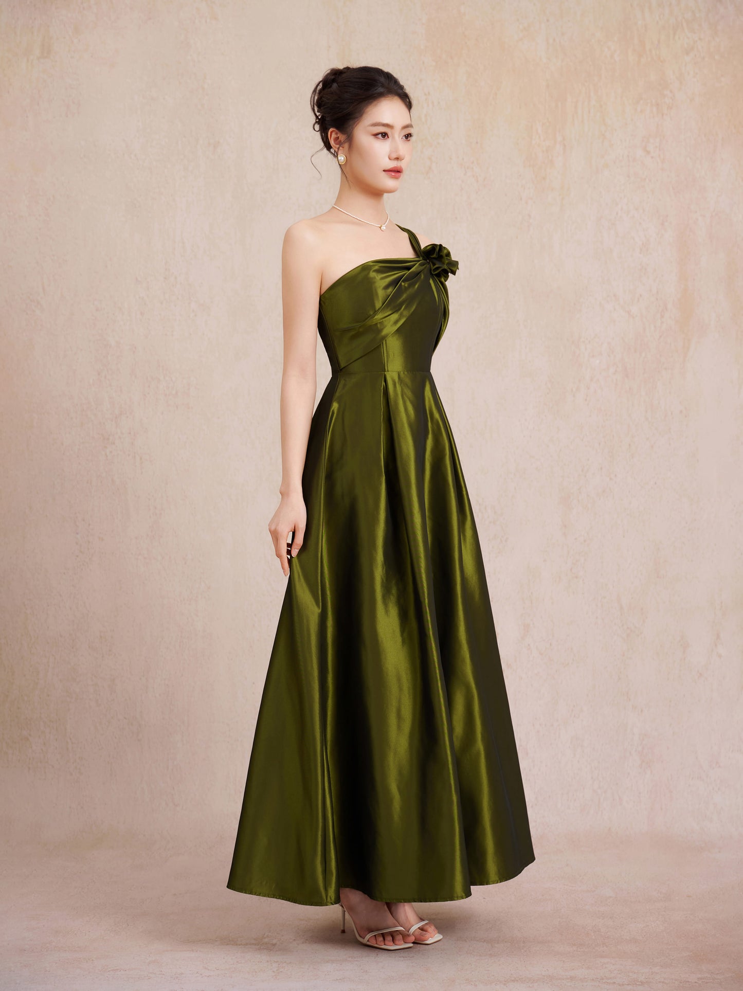 green satin evening dress