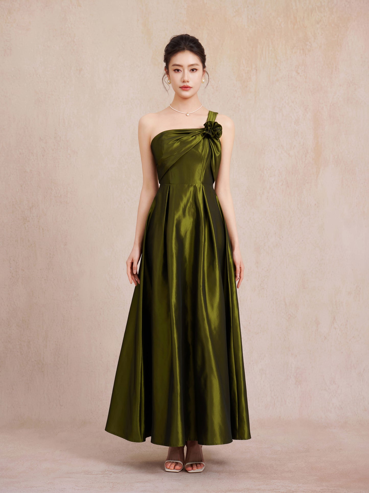 olive green one shoulder gown