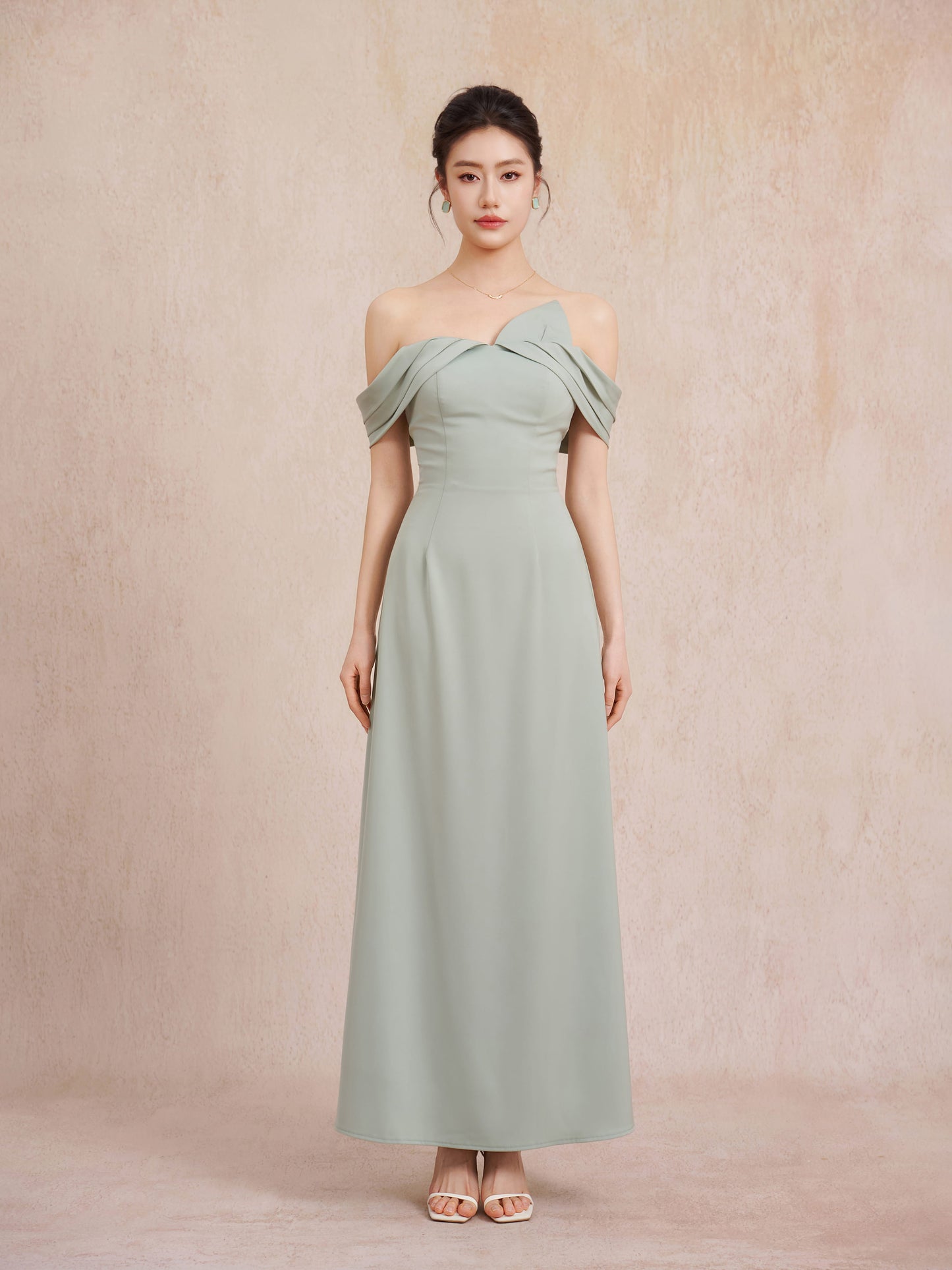 sage green off shoulder gown
