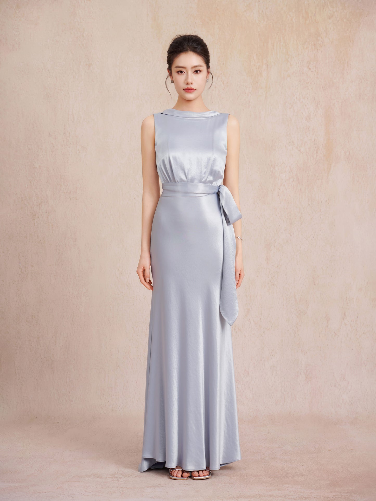 silver satin evening gown