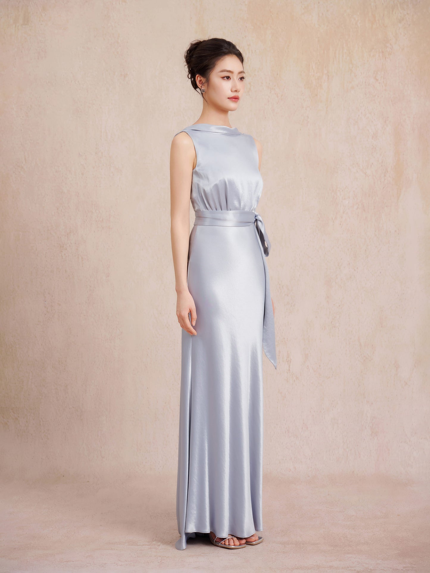 sleeveless silver formal dress