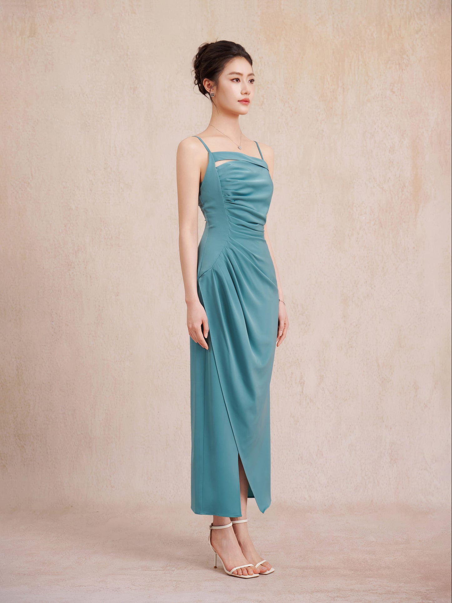 teal spaghetti strap gown