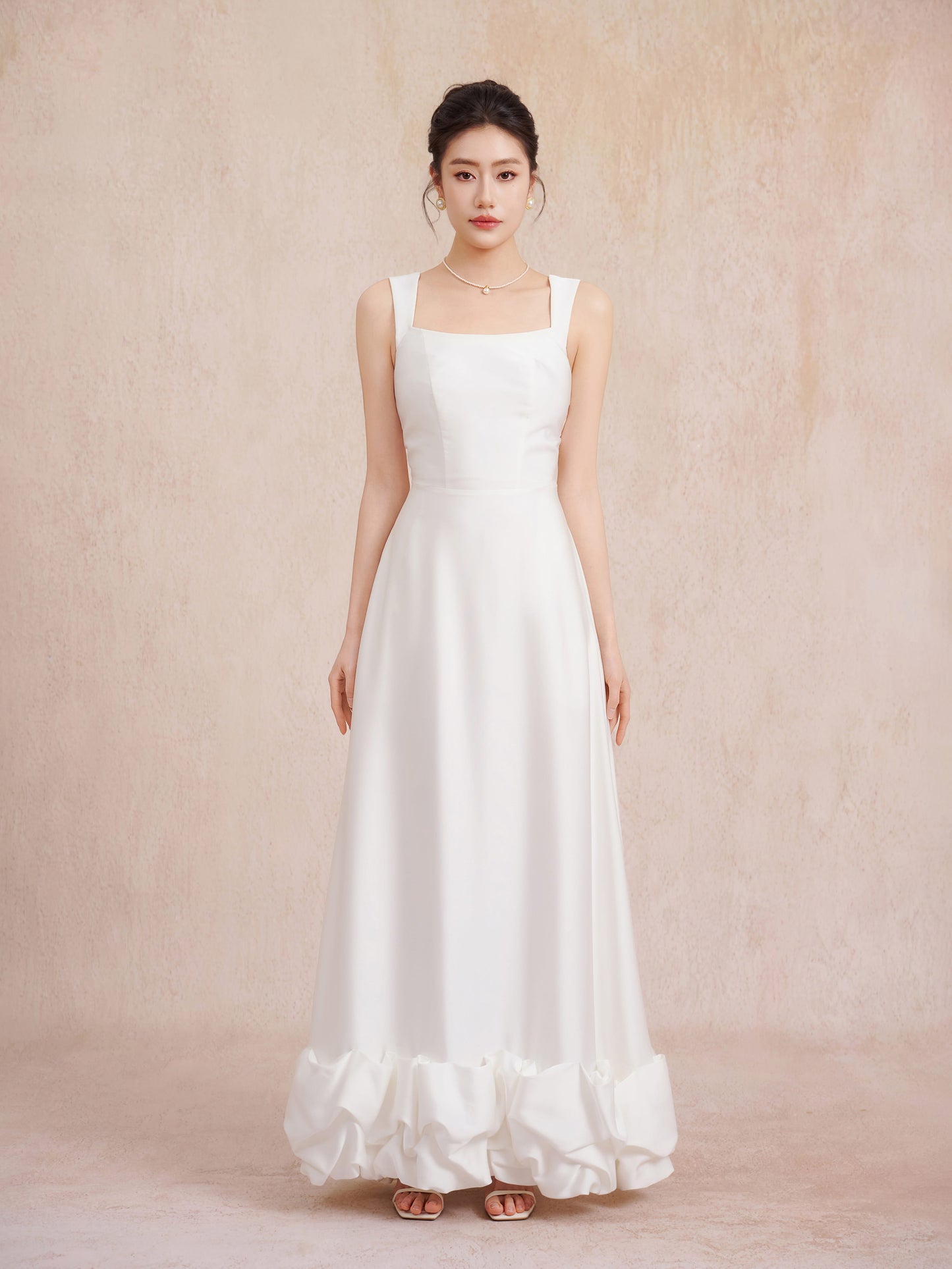 white square neck gown